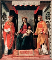 Jungfru och barn omgiven av heliga Faustin och Giovita (Faustino och Giovitas beskyddare av Brescia) Målning av Vincenzo Foppa (ca.1427-ca.1515) Brescia, Pinacoteca Tosio Martinengo Italien