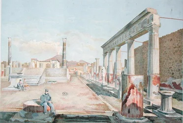 Vaktmästare sitter bland ruinerna av Pompeji (färg litho)