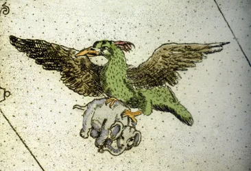 Den jättelika fågeln Rok bär en elefant mellan sina växthus för att ge den till sina ungar, detalj på en världskarta av Vincenzo coronelli (1650-1718). 1600-talet