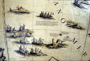 Valfångst i Stilla havet. Detalj av en Coronelli-klot från 1600-talet.