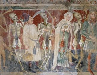 Nära Pazin, drottning och köpman ackompanjerad av Döden, Dödsdansen (1474), detalj, fresk på kyrkogårdskyrkan i St Mary of Rock-kyrkan, av Vincenzo da Castua, Beram, Istrien, Kroatien