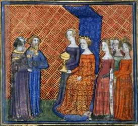 Kung Salomo tar emot drottningen av Saba från Bibelns historia av Guiart des Moulins, 1400-1415