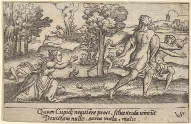 Atalanta och Hippomenes, i förgrunden Atalanta knäböjer för att plocka upp ett äpple och..., ca. 1535-62.