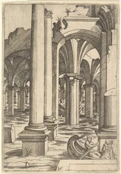 Båtar rodd genom överflödade ruiner, ca. 1550-62.