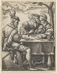 Två män och en kvinna som spelar kort vid ett bord, en man trycker näsan mot ..., ca. 1535-62.