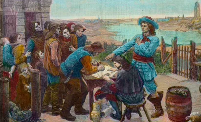 Den franske kaparen Jean Bart med fiskare i Dunkerque - Kaparen Jean Bart (1650-1702) med fiskarna i Dunkirk - Gravyr efter målningen av Virginie Demont-Breton (Demont Breton) förstörd under andra världskriget)