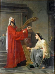 David och Micol Kung David spelar harpa. Målning av Virginio Grana (ca 1830-1888) 1800-talet sön. 243x182 cm Genes, Accademia Ligustica di Belle Arti, inv. 468