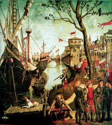 Saint Ursulas ankomst till Köln under belägringen av hunnerna Legenden om Saint Ursula, 1490