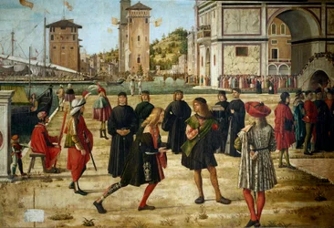 Cykel av livet för Saint Ursula (bretonsk prinsessa). Tredje avsnittet: ambassadörernas återkomst till kungen av England. Detalj som representerar ambassadörerna. Utdrag från legende doree av Jacques de Voragine (ca 1228-1298). Målning av Vittore Scarpa