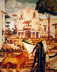 Detalj av St. Jerome Taming the Lion, ca 1501-09 (detalj av 60932)