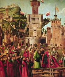 Detalj av mötet mellan Etherius och Ursula och pilgrimernas avgång, från St. Ursula-cykeln, ca 1490-96 (detalj av 56472)