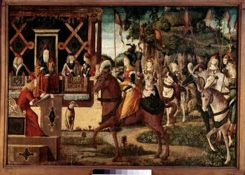 Hippolytes ambassad, Amazonas drottning i Thesee, kung av Aten Målning av Vittore Carpaccio (1450-1526) 1500-talets Paris, Musee Jacquemart Andre.