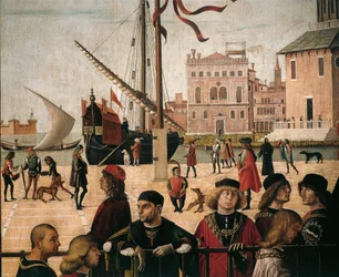 Italien, Venedig, scener ur Saint Ursulas liv (från Golden Legend av Jacobus de Voragine) Ankomst av engelska ambassadörer, detaljhamn