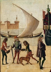 Legend of St Ursula: detalj ankomst av ambassadörerna (från den gyllene legenden av Jacopo da Varagine) (temperaa på duk
