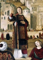 Sankt Stefanus. Detalj ur "Den helige Stefanus predikan i Jerusalem". Målning av Vittore Carpaccio. (1450/54-1525/26)