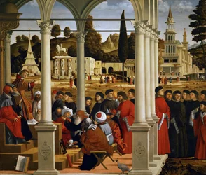 Den helige Stefan inför översteprästen och de äldste i Sanhedrin, 1514.