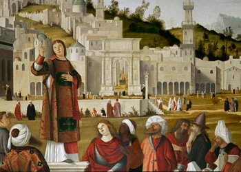 Sankt Stefans predikan innanför murarna till Salomons tempel i Jerusalem (olja på duk)