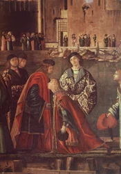 Berättelser om St Ursula, mötet mellan Etherius och Ursula och pilgrimernas avgång, Ereo tar avsked med sin far, av Vittore Carpaccio (ca 1465-ca 1526), tempera på duk, 280x611 cm