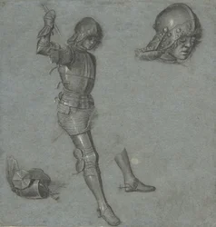 Studier av en sittande ungdom i rustning, ca. 1505.