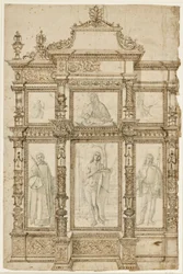 Studera för en altartavla med sex bilder satta i en utsmyckad struktur av ramar. Överst: Stigmatiseringen av St Francis, Madonna och Child, St Hieronymus i vildmarken; längst ner: Sts Lawrence, Sebastian och Roch