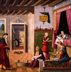 Jungfru Maria födelse, cykel från Scuola degli Albanesi, ca 1502/03 (olja på trä)