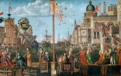 Mötet mellan Etherius och Ursula och pilgrimernas avgång, från St. Ursula-cykeln, ursprungligen i Scuola di SantOrsola, Venedig, 1498 (detalj av 56472)