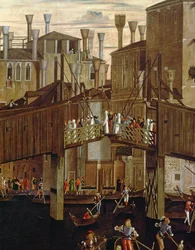 Miraklet med det heliga korsets relik, detalj av den gamla Rialtobron, från Scuola di San Giovanni Evangelista, cirka 1494