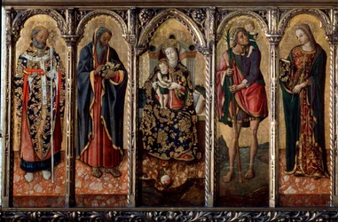Madonna och barn med heliga polyptyk, fem separata paneler, c1480