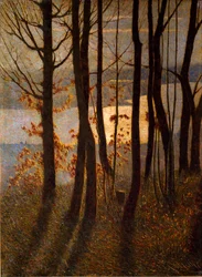 Morgon eller "" Pantheistic Poem"" Landskap av undervegetation nära en vattenmassa i gryningen. Målning av Vittore Grubicy av Dragon (1851-1920) Milano, Galleria d