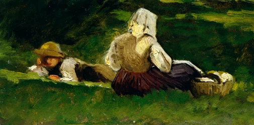 Sittande kvinna och pojke liggande på gräset, av Vittorio Avondo (1836-1910).
