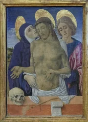Kristus i medlidande med Jungfru Maria och Johannes evangelisten, ca 1490-1500 (olja på pannå)