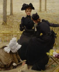 Samtal i Luxembourgträdgården. Målning av Corcos, Vittorio Matteo (1859-1933), olja på duk