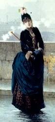 Lady on bridge in Paris av Vittorio Matteo Corcos (1859-1933), olja på duk