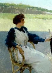 Porträtt av en dam utomhus av Vittorio Matteo Corcos (1859-1933), olja på duk, 92x64 cm, cirka 1910