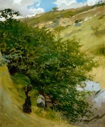 Vedhög i landskap av Vittorio Matteo Corcos (1859-1933), olja på duk, 53x43 cm