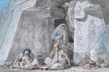 Egyptisk familj utanför en antik grav, 1800-talet