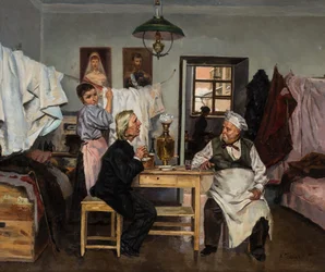 På samovaren, av Makovsky, Vladimir Yegorovich (1846-1920). Olja på duk
