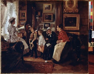 Au grammofon. (Vid grammofonen). Peinture de Vladimir Yegorovich Makovski (Makovsky, Makovskij) (1846-1920), huile sur toile