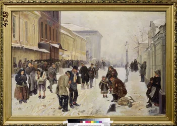 The Night Asylum (Dosshouse). Gatubild, en skara behövande, hemlösa människor samlas framför mottagningsbyggnaden, lidande av kyla och fattigdom. Målning av Vladimir Yegorovich Makovsky (Makovsky, Makovskij) (1846-1920), olja på duk