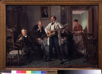 Kompisar. Samlade runt ett bord i ett vardagsrum lyssnar de på en gitarrist som sjunger medan en kvinna ger dem en ny flaska vin. Målning av Vladimir Yegorovich Makovsky (Makovsky, Makovskij) (1846-1920), olja på t.