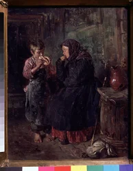Återträffen (Återträffen). En mamma som har kommit för att hälsa på sitt barn, käpp och ryggsäck liggandes på marken, hon bär fortfarande sin kappa och sin halsduk på huvudet och slukar sin son med ögonen när han äter en sorts brioche. Han är barfota,