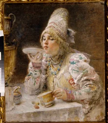 Dags för te. (En Boyar-kvinna (boiard, boiar), i hertigdömet Moskvas traditionella klädsel och huvudbonad, sitter nära en samovar och dricker teet som hon har hällt i fatet på sin kopp). Målning av Konstantin Yegorovich Makovsky (Constantin Mako
