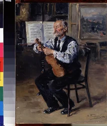 Luthier (Luthier). Hantverkaren stämmer en fiol. Målning av Vladimir Yegorovich Makovsky (Makovsky, Makovskij) (1846-1920), olja på duk