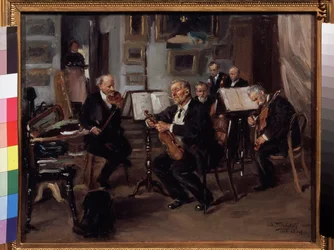 Musikalisk kväll. Musiker förbereder sig för att ge en konsert, de stämmer sina instrument mellan instrumentfodral och notblad. Målning av Vladimir Yegorovich Makovsky Makovsky (Makovsky, Makovskij) (1846-1920), olja s