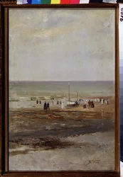 På stranden (På stranden). Målning av Vladimir Yegorovich Makovsky (Makovsky, Makovskij) (1846-1920), olja på duk