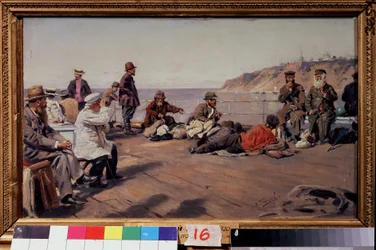 På däck (On the Deck). Resenärer i alla klasser på en båt som går längs kusten. Målning av Vladimir Yegorovich Makovsky (Makovsky, Makovskij) (1846-1920), olja på duk