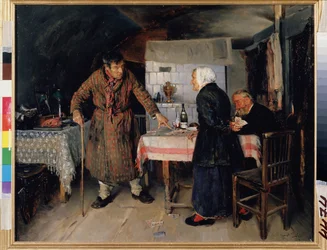 Ett gräl vid kortspel. Runt bordet i ett blygsamt kök spelar äldre människor kort, en av dem reser sig missnöjd upp och fördömer spelet och tappar korten på golvet. Mittemot, en gammal s