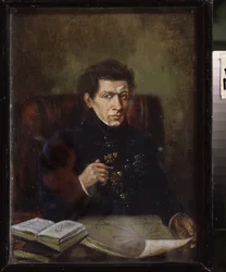 Porträtt av matematiker Nikolai Lobatsjovskij (Lobatjovskij) (1792-1856). Målning av Vladimir Yakovlevich Perelman (1892-1967), olja på duk, cirka 1940. Rysk konst från 1900-talet, sovjetisk konst. Udmurt Republic Art Museum, Ljevsk (Ryssland).