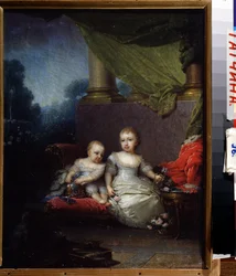 Porträtt av storhertiginnan Anna Pavlovna och storhertig Nicholas Pavlovich som barn. (Porträtt av storhertiginnan Anna Pavlovna och storhertigen Nicolas Pavlovich, som barn). Verk av Vladimir Lukich Borovikovsky (eller Borovikovsky) (1757-1825). olja s