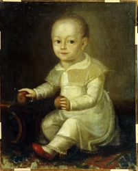 Porträtt av ett barn med äpplen. (Porträtt av ett barn med äpplen). Målning av Vladimir Lukitch Borovikovsky (eller Borovikovsky) (1757-1825)